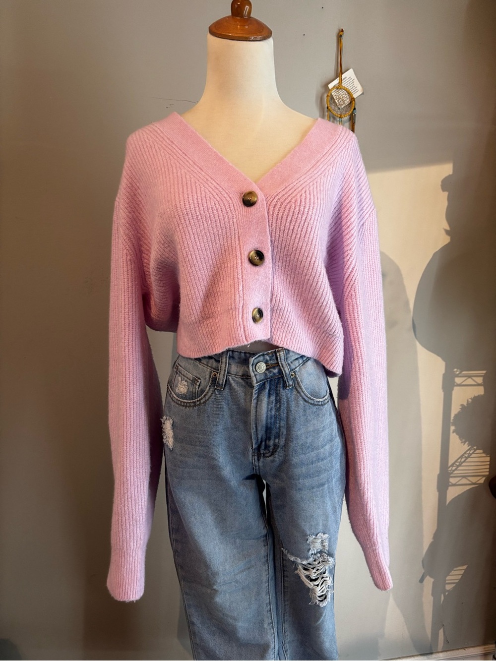 H&M Cropped V-Neck Button Sweater Cardigan - Pink